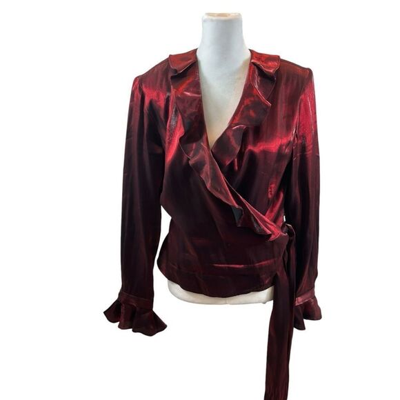 Ladies Xscape Lawrence Kurtz Black and Red Ruffle Collar Wrap Jacket Size 14 - Picture 3 of 11